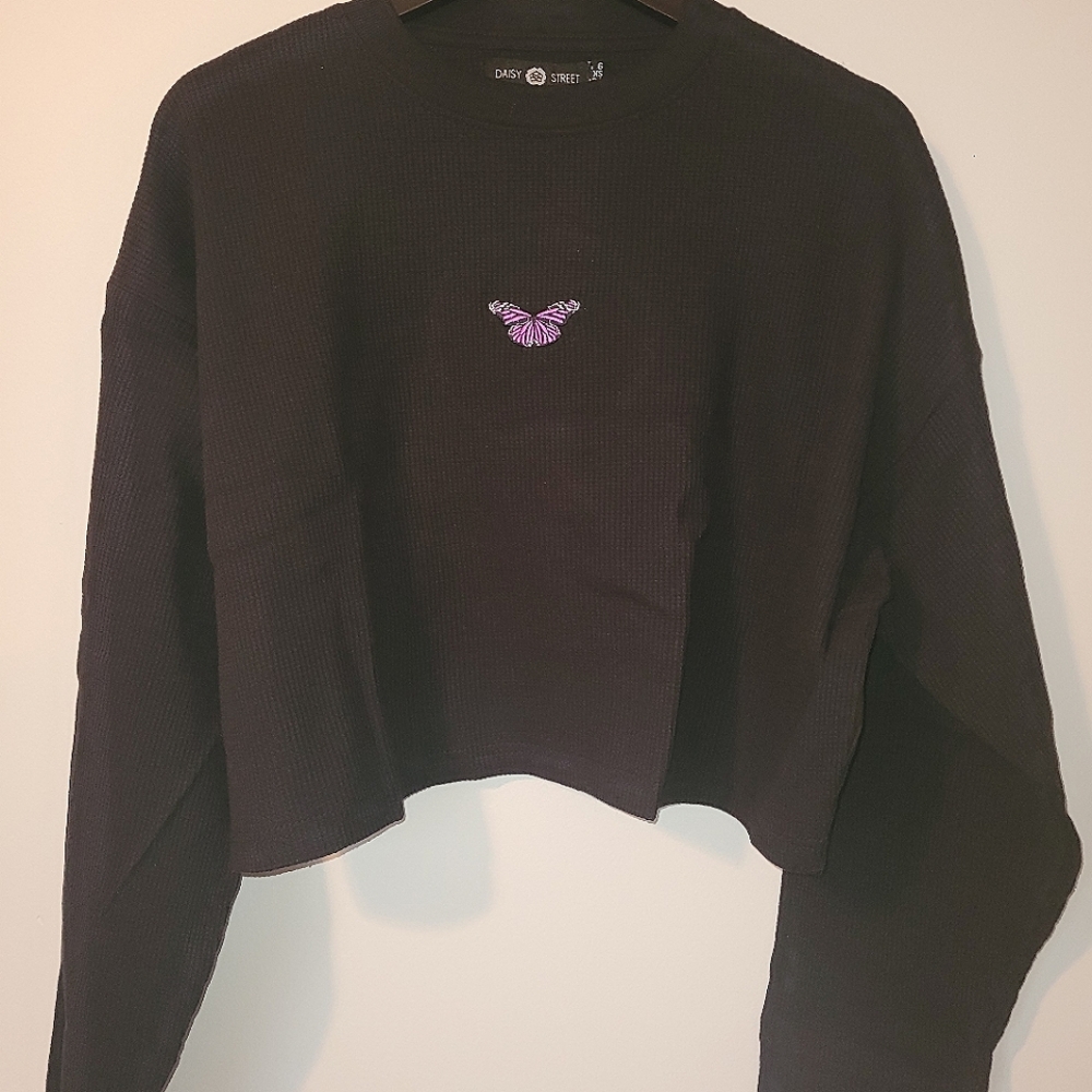 Dolls Kill Waffle Knit Butterfly Embroiderd Top NWT Size XS